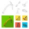 An ice ax, a carbine and other equipment.Mountaineering set collection icons in outline,flat style vector symbol stock