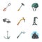 Ice ax, conquered top, mountains in the clouds and other equipment for mountaineering.Mountaineering set collection