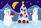 Ice bear cubs preparing christmas tree with red baubles. Christmas card illustration for children.