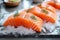 Ice bedded raw salmon fillet, a pristine presentation for seafood enthusiasts