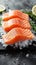 Ice bedded raw salmon fillet, a pristine presentation for seafood enthusiasts