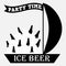 Ice beer and party time inscription. Bottles of beer with a large pile ice cubes on a sailing boat with a long flag, banner.