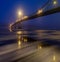 Ice is broken. Footbridge in winter city.