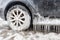 Ice buildup and icicles on a car