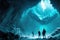 Ice cave exploration in with futuristic sci-fi pioneer explorer