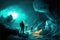 Ice cave exploration in with futuristic sci-fi pioneer explorer