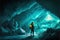 Ice cave exploration in with futuristic sci-fi pioneer explorer