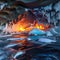 Ice cave with reflections of fire from flowing lava from a volcanic eruption, element of nature, force of nature,