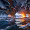 Ice cave with reflections of fire from flowing lava from a volcanic eruption, element of nature, force of nature,