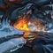 Ice cave with reflections of fire from flowing lava from a volcanic eruption, element of nature, force of nature,
