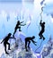 Ice cave with silhouettes of peoples, stalactites and ice rocks of crystals