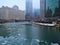 Ice chunks float on the Chicago River on a foggy morning in January.