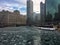 Ice chunks floating on Chicago River on January morning .