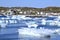 Ice chunks in Twillingate Bay with colourful homes