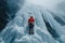 Ice climber ascending a frozen waterfall