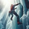 ice climber scaling an icy mountain to reach the peak