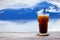 Ice coffee,americano,lemon tea,cola on wood table with blue sky and clouds nature background. Copy space
