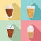 Ice coffee cream cold cup icons set, flat style