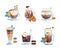 Ice Coffee Drink Mixed with Spice and Milky Cream Poured in Glass Vector Set