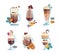 Ice Coffee Drink Mixed with Spice and Milky Cream Poured in Glass Vector Set