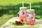 Ice cold fruit infused water with fresh picked red currant berries in glass mugs with straws outdoors, summer time, vitamin drink