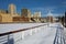 Ice covered Mississippi River with Saint Paul skyline, Minnesota, USA