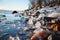 Ice-covered rocks along a shoreline photo - stock photography concepts