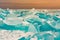 Ice cracked over Baikal water lake in winter season with sunrise sky