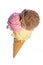 Ice cream with 3 scoops of sweet ice cream vanilla ice cream, chocolate ice cream, strawberry ice cream isolated on white