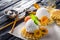 Ice Cream with apricot, Mint and waffles. Homemade product. On the wooden table.