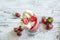 Ice cream as a background. White vanilla ice cream with marbles, texture, texture. Frozen strawberry ice cream in a pink horn with