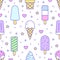 Ice cream background, sweet food seamless pattern. Vanilla icecream, frozen yogurt, popsicle lolly line icons. Summer