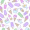 Ice cream background, sweet food seamless pattern. Vanilla icecream, frozen yogurt, popsicle lolly line icons. Summer