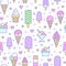 Ice cream background, sweet food seamless pattern. Vanilla icecream, frozen yogurt, popsicle lolly line icons. Summer