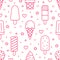 Ice cream background, sweet food seamless pattern. Vanilla icecream, frozen yogurt, popsicle lolly line icons. Summer