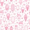 Ice cream background, sweet food seamless pattern. Vanilla icecream, frozen yogurt, popsicle lolly line icons. Summer