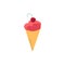 Ice cream ball in waffle cone with cherry flat vector illustration isolated.