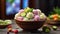 Ice cream balls with fresh cucumber, mint and berries in bowl on wooden table