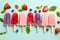 Ice cream bars in a variety of colors, bright, lively, and delicious, along with a variety of fruits. On a pastel blue background