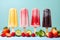 Ice cream bars in a variety of colors, bright, lively, and delicious, along with a variety of fruits. On a pastel blue background