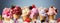 Ice cream with berries and edible flowers decoration. Colorful set of ice cream