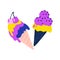 Ice-cream. Bright colors summer icy dessert, melty yummy sundae and sweet milk frozen balls in cone, hand drawn