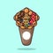 Ice Cream Bubble Waffle Cone with candy, wafer sticks and strawberry slices Cartoon Vector Illustration
