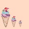 Ice cream card, three colored ice creams