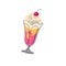 Ice cream with cherry, berry on top. Cold dessert, sundae, tasty sweet food for kids. Icecream in retro, vintage glass