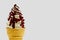 Ice cream chocolate in a waffle cone is delicious. Highly detailed 3d rendering illustration mock up front view close up.