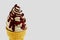 Ice cream chocolate in a waffle cone is delicious. Highly detailed 3d rendering illustration mock up side view close up.