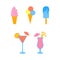 Ice cream and cocktail set. Simple collection of flat illustrations, summer drinks and food