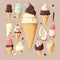 Ice cream collection. Sweet dessert. Ice cream in waffle cones isolated on background