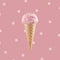Ice cream cone close-up. Pink Icecream scoop in waffle cone over pink background. Strawberry or raspberry flavor Sweet gelato